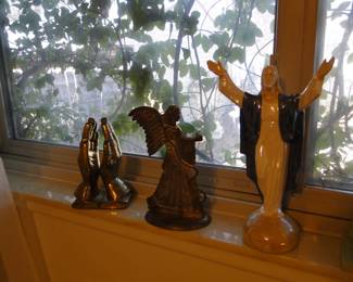 Holy Hands bookends, Brass Angel, and Ceramic Jesus