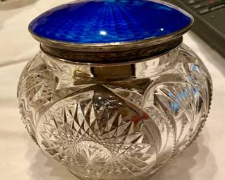 Antique  cut glass, sterling and enamel powder jar.