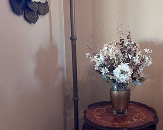Metal Wall Art, Torchiere Floor Lamp, Floral, Vintage 1930's French Carved Walnut Side Table Floral Inlay w Cabriole Legs