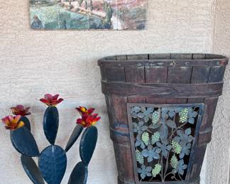 Metal Cactus, Wood Barrel, Art