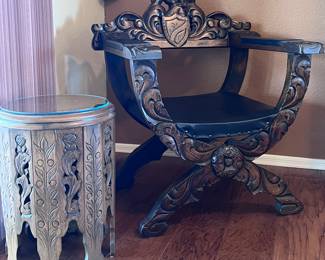 Renaissance Revival-Style Carved Wood Chair, Accent Table 