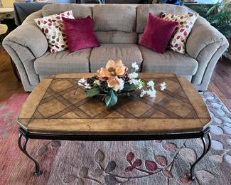 Sofa and Loveseat, Coffee Table w 2 End Tables, Area Rug , Floral Centerpiece, Decorative Poillows