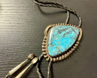 Vintage 3” Navajo Sterling Silver w/3” Turquoise Bolo-signed