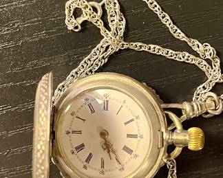 Antique Remontoir Cylindre 15 Rubios Silver Watch Locket with Sterling Silver Rope chain