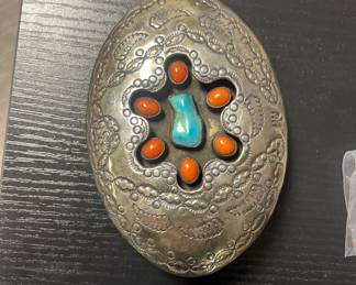 Vintage Navajo Silver Shadowbox Turquoise & Coral Belt Buckle