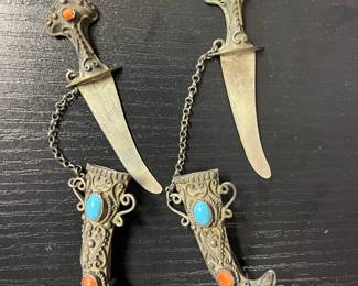 ANTIQUE STERLING SILVER SWORD BROOCH, JADE & TURQUOISE STONES PINS