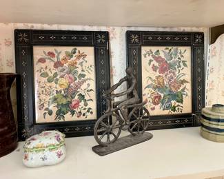 Beautiful Antique Black Lacquer w/White Inlay Frames w/Floral prints