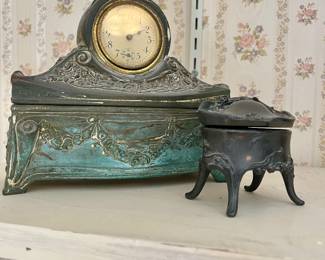 Antique Art Nouveau metal/brass mantel clock Jewelry box