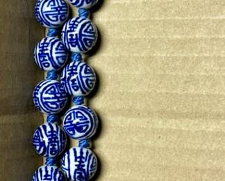Vintage Chinese Porcelain Bead Necklace Gold Tone Blue White Painted Knotted 25"