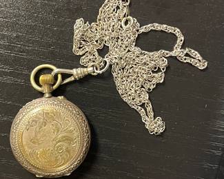 Antique Remontoir Cylindre 15 Rubios Silver Watch Locket with Sterling Silver Rope chain
