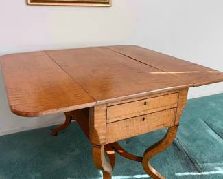 Beautiful antique 1800’s Dutch Empire Birdseye maple sewing/sofa drop-leaf table