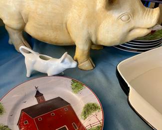 William Kimble barn plates, cow creamer, and pig decor