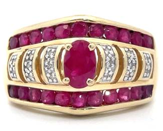 Natural Ruby & Diamond Chevron Channel Estate Ring in Yellow Gold