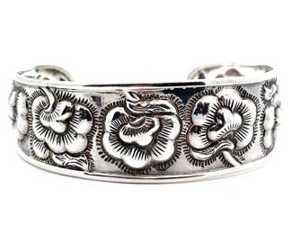 Estate Carved Textured Flower Garden Open Bangle Cuff Bracelet
