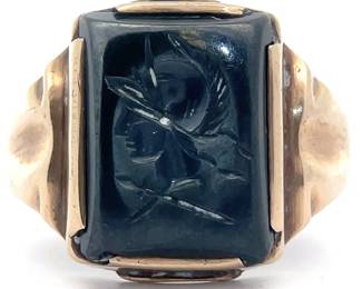 Men's Black Onyx Carved Warrior Tablet Ring in Yellow Gold