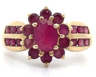 Ruby Oval Cluster Double Channel Estate Ring in 14k Yellow Gold