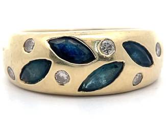 Flush Set Leaf Design Natural Blue Sapphire & Diamond Estate Ring in 14k Yellow Gold