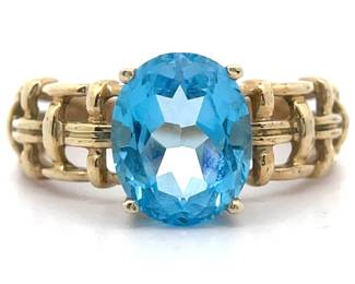 Oval Natural Blue Topaz Openwork Basketweave Ring in Yellow Gold