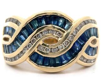 Natural Blue Sapphire & Diamond Woven Channel Estate Ring in 14k Yellow Gold