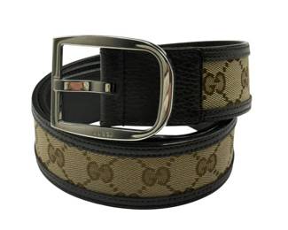 Gucci GG Canvas Belt with Black Leather Trim 85/34