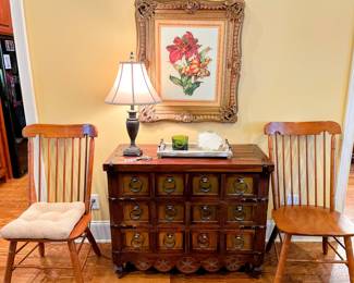 Keller Dining Chairs (8 total) and vintage apothecary style three drawer chest and beautifully framed artwork