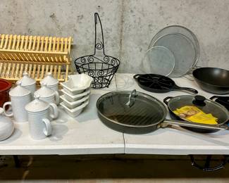 Lots of serving, kitchen, baking and cookware including Mikasa, Wilton, KitchenAid, Cuisinart, Arthur Court, Lodge, and much more!