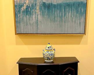 Framed artwork on canvas, small credenza cabinet