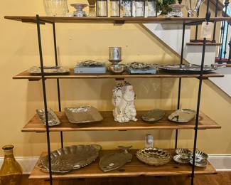 Pottery Barn shelving unit. Decor includes pieces by Author Court, Lenox, Barton & Reed,  Gorham, and more.