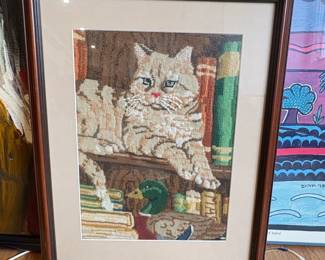 Vintage Needlepoint Cat and Duck Portrait