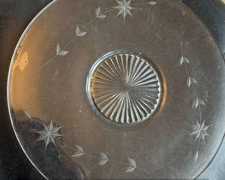 Vintage Etched Glass Cake Stand with Starburst and Leaf Motif