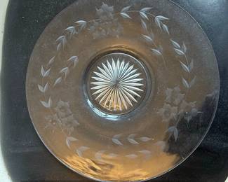 Etched Glass Plate with Floral and Starburst Motif Heisey