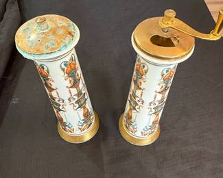 Vintage Lenox Lido Pattern Porcelain Spice Grinder and Salt Shaker Set with K Gold Accents