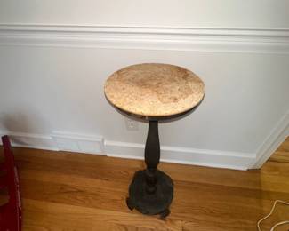 Antique Pedestal Plant Stand with Cast Iron Base and Wood Top second image