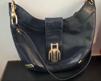Vintage Susan Gail Navy Blue Leather Shoulder Bag with GoldTone Hardware
