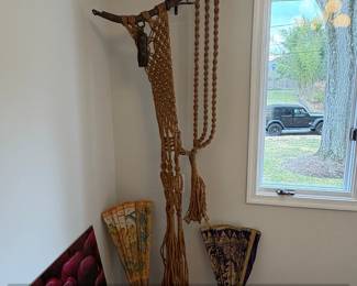 Vintage Macrame Plant Hanger with Pulley System