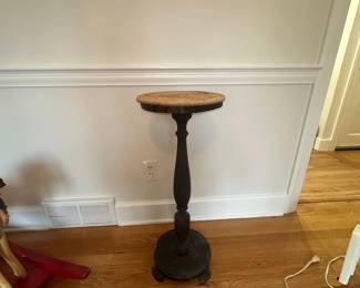 Antique Pedestal Plant Stand with Cast Iron Base and Wood Top