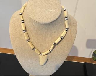 Carved Bone Arrowhead Pendant Necklace with Seed Beads