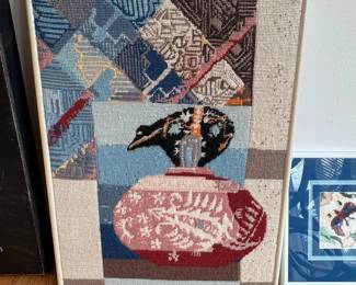Framed Needlepoint Art Bird on Vase