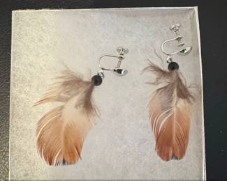 Natural Feather ScrewBack Earrings with Black Beads