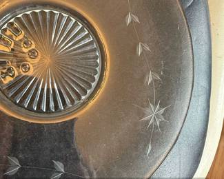 Vintage Etched Glass Cake Stand with Starburst and Leaf Motif second image