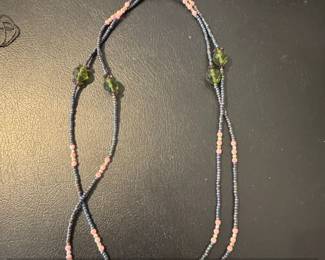 Double Strand Beaded Necklace with Green Glass Beads