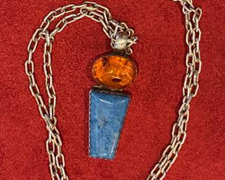 Sterling silver chain and amber pendant signed