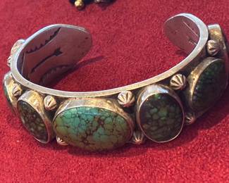 1960s sterling silver and seven massive royston turquoise stone cuff bracelet 