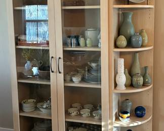 Light wood display cabinet w/glass door and adjustable shelves