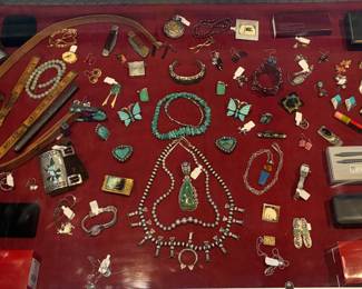 Sterling silver and turquoise jewelry, pocket knives, specialty pens