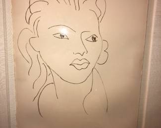 #53/250 Lithograph by Henri Matisse titled Hier, de tes Doigts d'or pale. 
The title translates to "Heir, of your Pale Golden Fingers". 
It is a plate from the portfolio Poésies Antillaises, which features poems by John-Antoine Nau.
The original drawing was created in 1946, and the lithograph was printed in brown ink on Arches paper in 1972