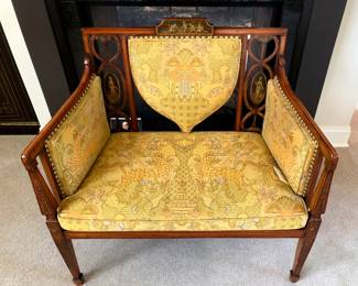 Adams style English satinwood settee with paint decoration, in a very good fabric 
