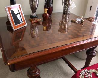 Unusual marquetry top library table