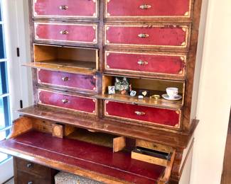 Marvelous English burl & red leather Secretary ca. 1820 with the provenance of having been in Architectural Digest-in the home of Filmmaker Freddie Fields