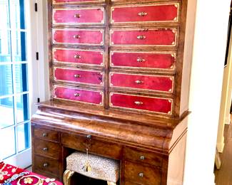 Marvelous English burl & red leather Secretary ca. 1820 with the provenance of having been in Architectural Digest in the home of Filmmaker Freddie Fields